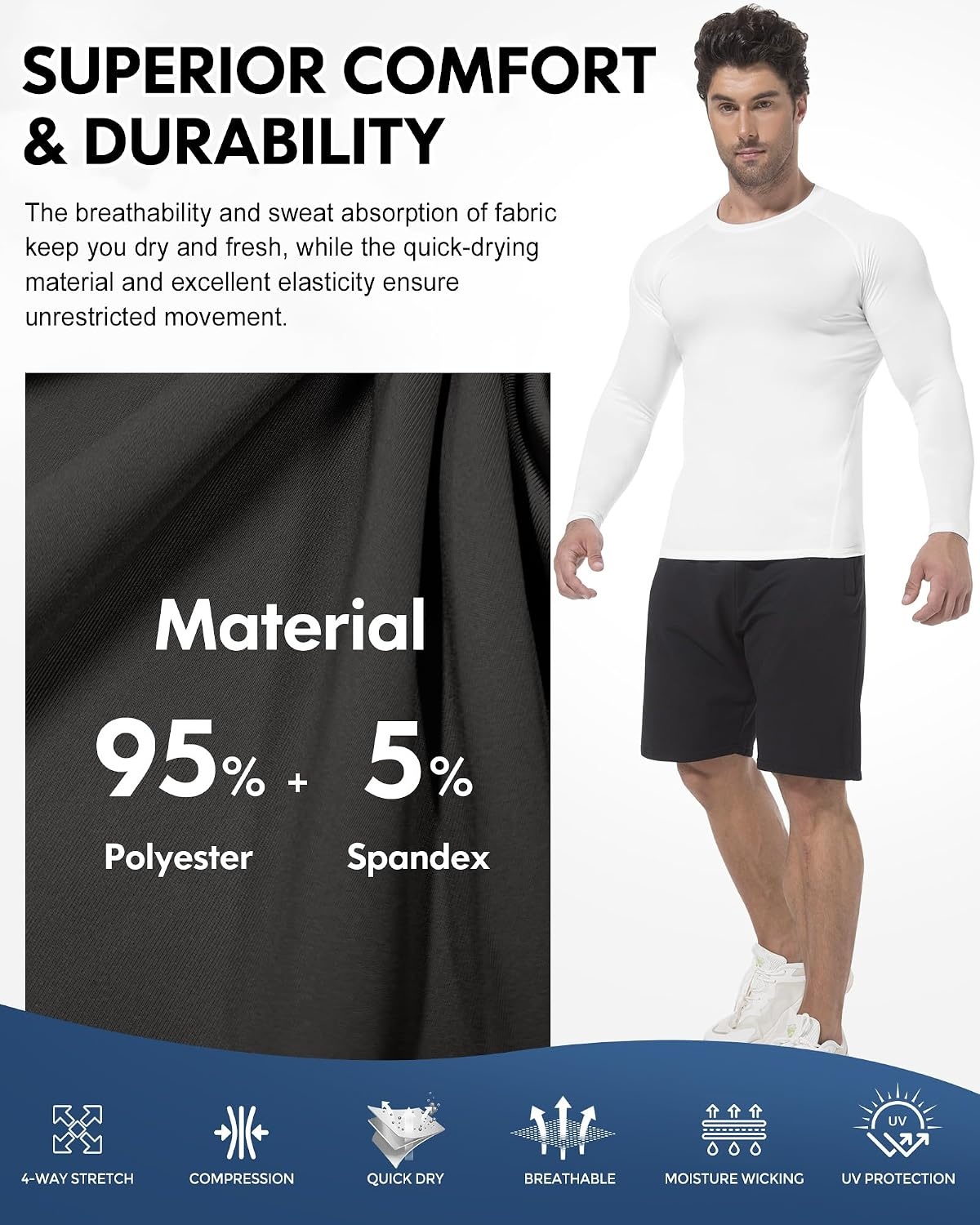 image:imageCL convallaria Compression Shirt Men Long Short Sleeve Workout Rash Guard Dry fit moisture wicking cool undershirt breathable stretch tight lightweight tshirts for athletic gym basketballD2black2white
