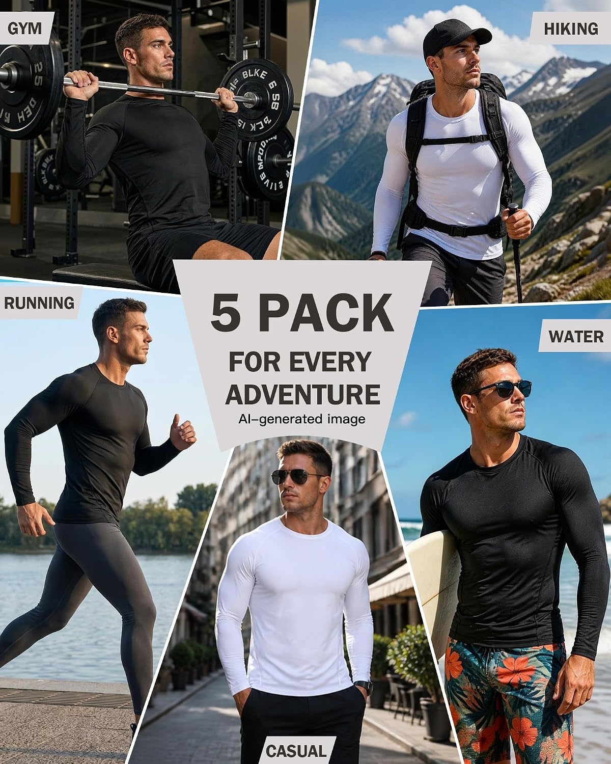 image:imageCL convallaria Compression Shirt Men Long Short Sleeve Workout Rash Guard Dry fit moisture wicking cool undershirt breathable stretch tight lightweight tshirts for athletic gym basketballC2black2whiteblue