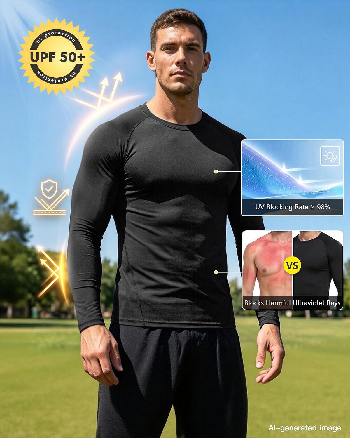 image:imageCL convallaria Compression Shirt Men Long Short Sleeve Workout Rash Guard Dry fit moisture wicking cool undershirt breathable stretch tight lightweight tshirts for athletic gym basketballC5black