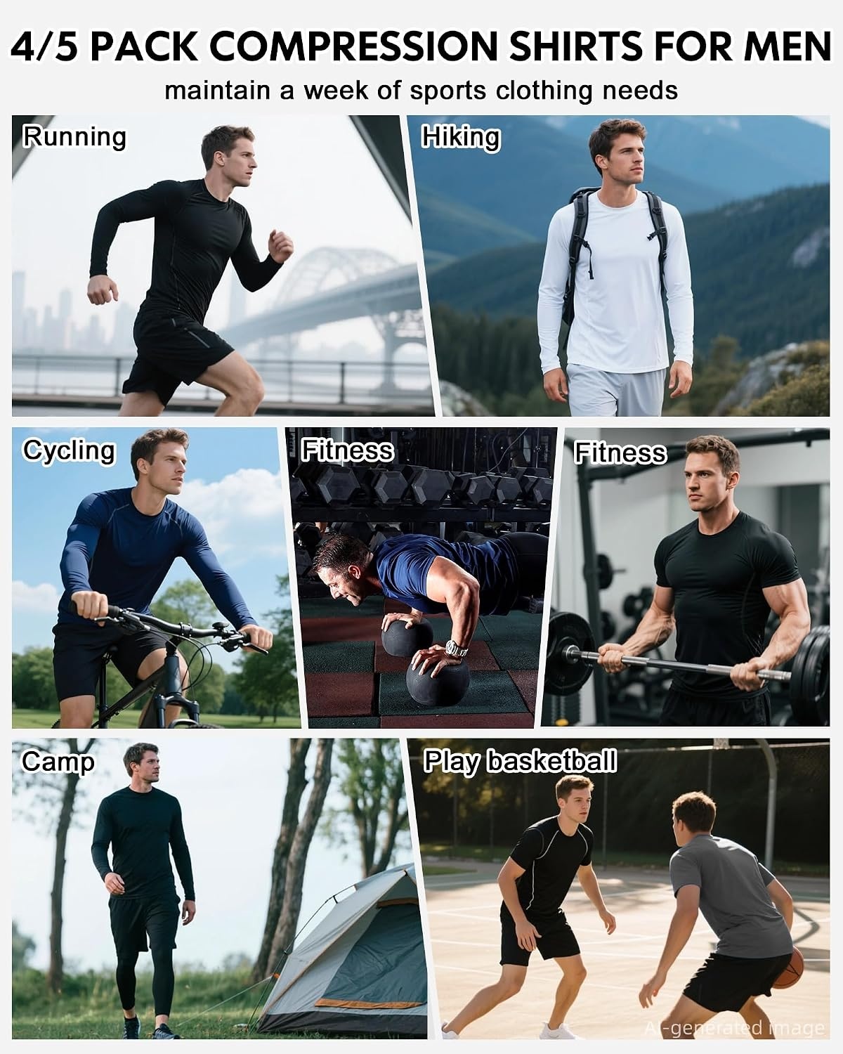 image:imageCL convallaria Compression Shirt Men Long Short Sleeve Workout Rash Guard Dry fit moisture wicking cool undershirt breathable stretch tight lightweight tshirts for athletic gym basketballE2blackwhitebluegrey