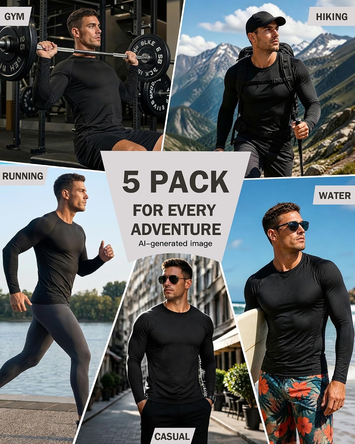 image:imageCL convallaria Compression Shirt Men Long Short Sleeve Workout Rash Guard Dry fit moisture wicking cool undershirt breathable stretch tight lightweight tshirts for athletic gym basketballC5black
