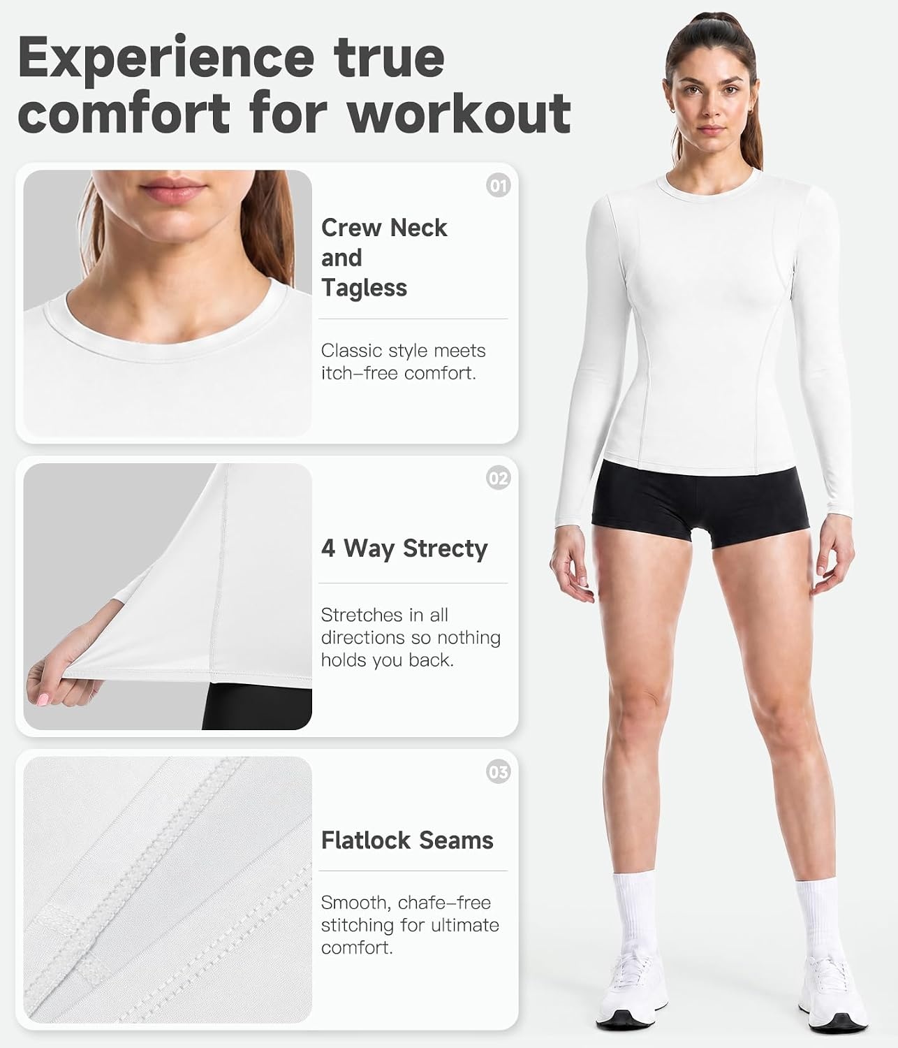 image:imageWomen Long Sleeve Compression Sun Shirts Workout Athletic Underscrubs Top Upf 50 breathable uv protection spf rash guard moisture wicking dry fit cooling undershirt for gym running swim2 Black2 White