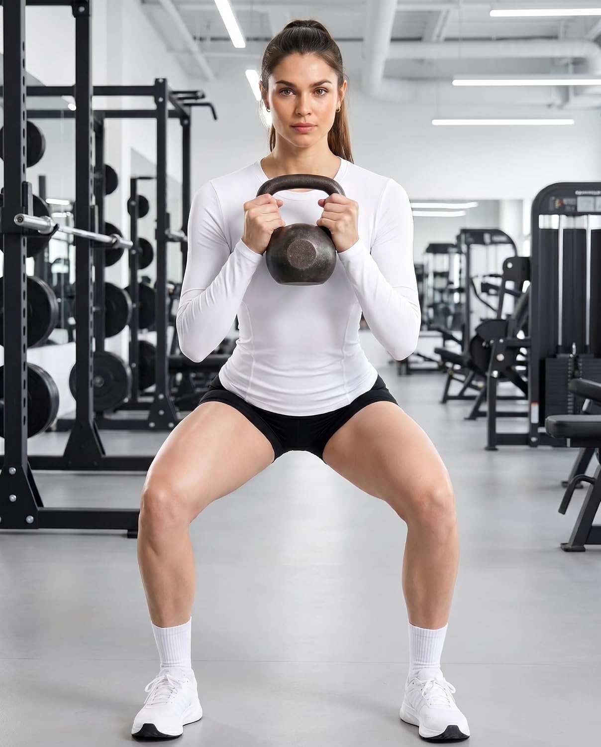 image:imageWomen Long Sleeve Compression Sun Shirts Workout Athletic Underscrubs Top Upf 50 breathable uv protection spf rash guard moisture wicking dry fit cooling undershirt for gym running swimBlackwhite
