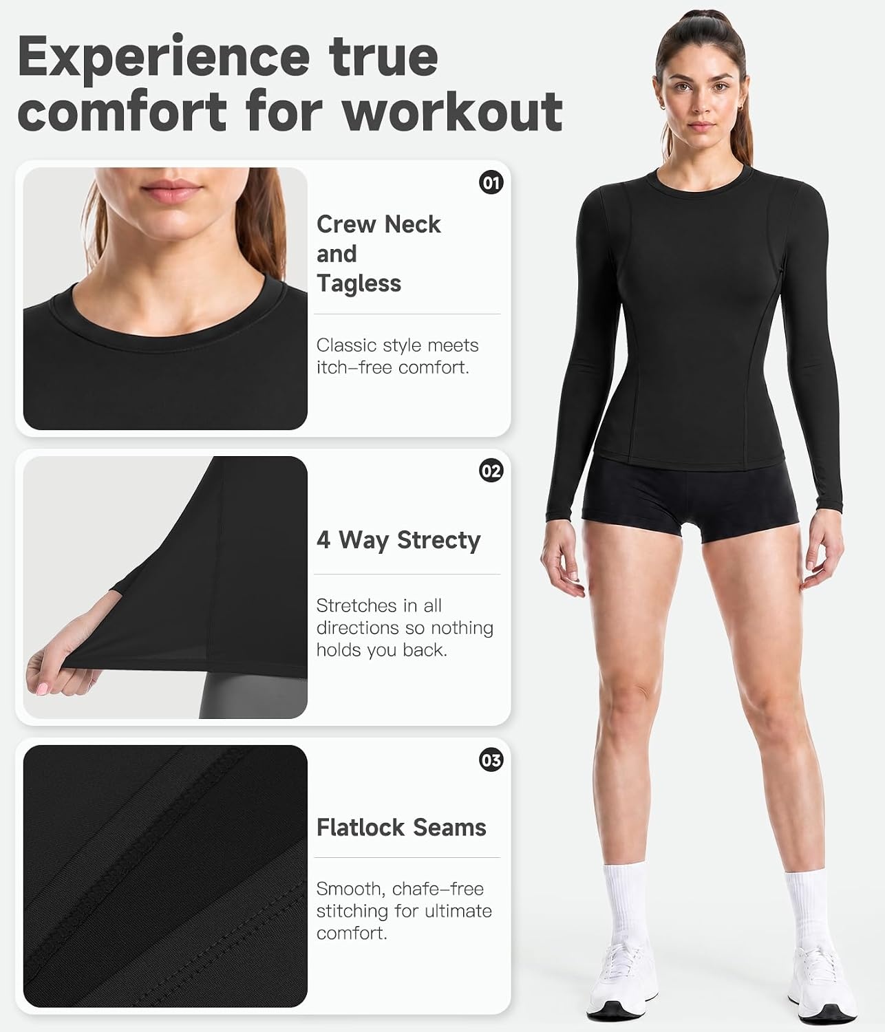 image:imageWomen Long Sleeve Compression Sun Shirts Workout Athletic Underscrubs Top Upf 50 breathable uv protection spf rash guard moisture wicking dry fit cooling undershirt for gym running swim2 Blackwhiteheather Light Grey