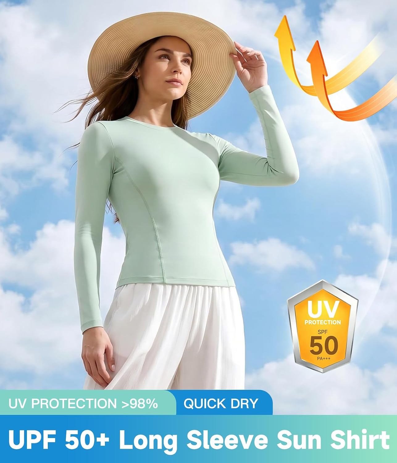 image:imageWomen Long Sleeve Compression Sun Shirts Workout Athletic Underscrubs Top Upf 50 breathable uv protection spf rash guard moisture wicking dry fit cooling undershirt for gym running swimPurplenavy Bluelight Pinkgreen