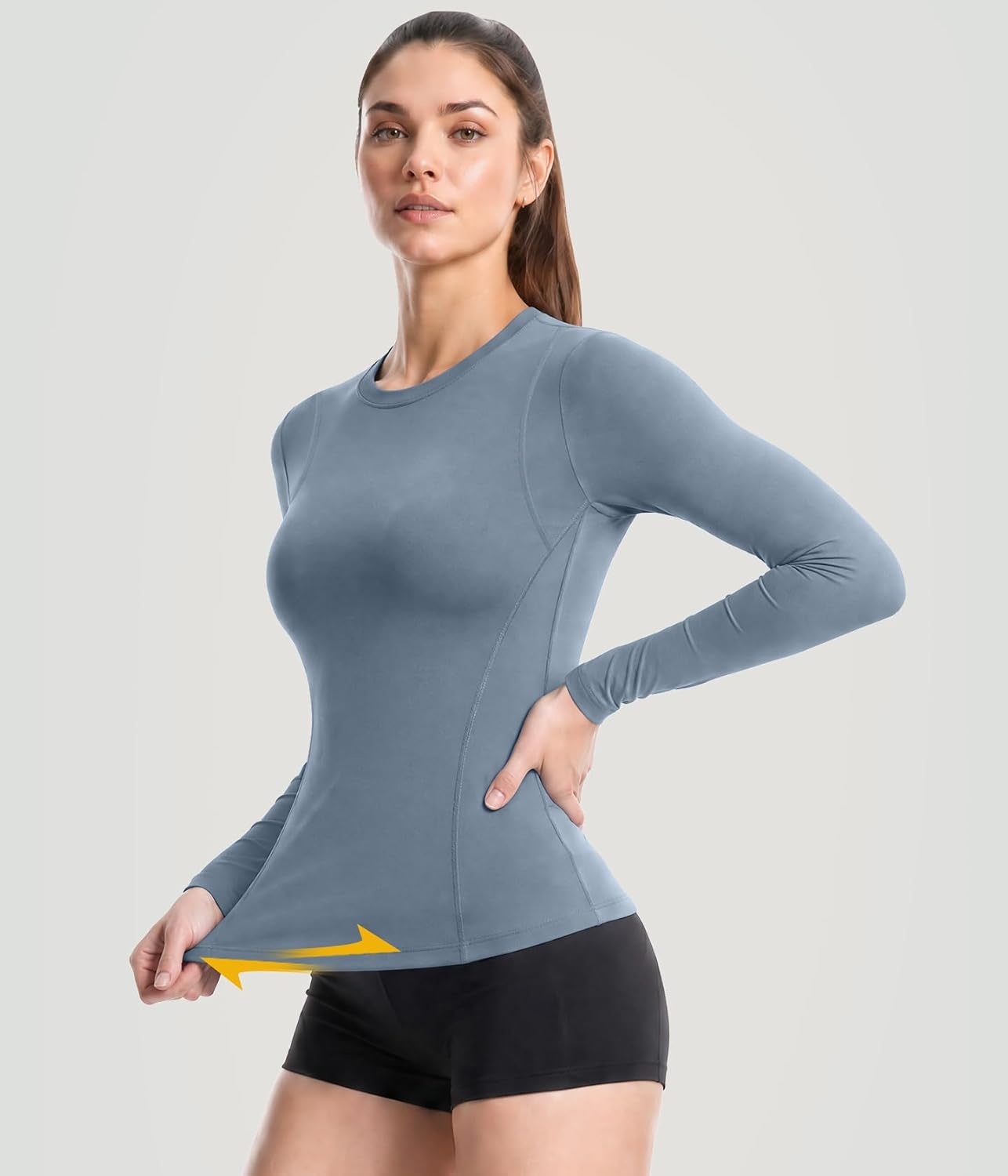 image:imageWomen Long Sleeve Compression Sun Shirts Workout Athletic Underscrubs Top Upf 50 breathable uv protection spf rash guard moisture wicking dry fit cooling undershirt for gym running swimBlackwhitehaze Blueheather Light Gray