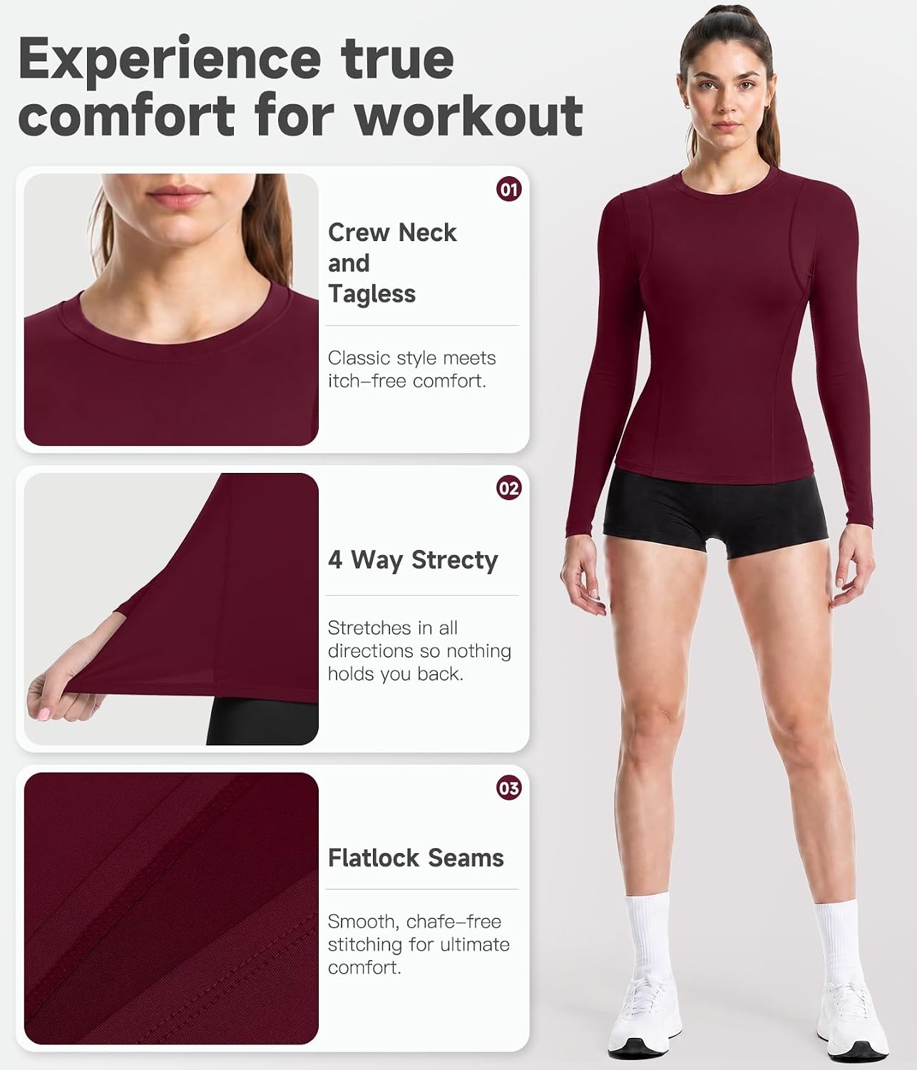 image:imageWomen Long Sleeve Compression Sun Shirts Workout Athletic Underscrubs Top Upf 50 breathable uv protection spf rash guard moisture wicking dry fit cooling undershirt for gym running swimBlackwhiteheather Light Greywine Red