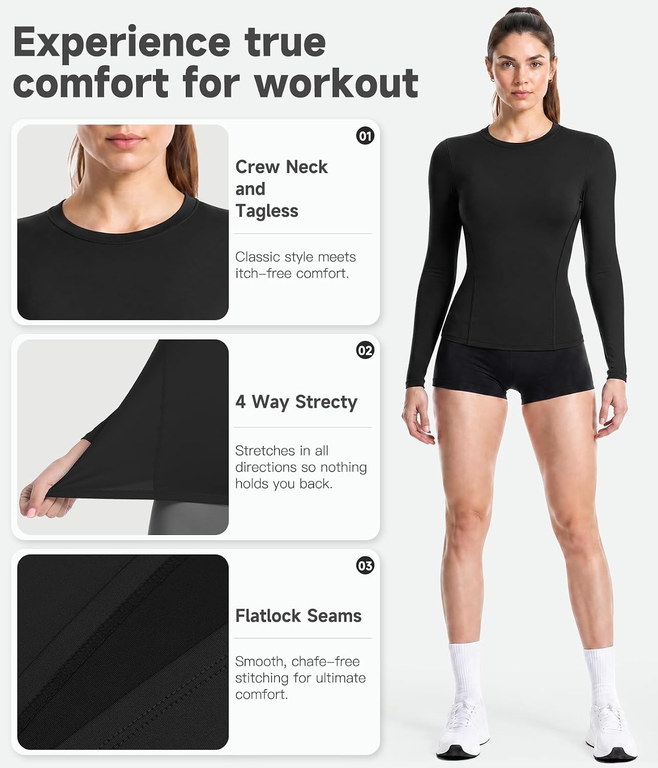 image:imageWomen Long Sleeve Compression Sun Shirts Workout Athletic Underscrubs Top Upf 50 breathable uv protection spf rash guard moisture wicking dry fit cooling undershirt for gym running swimBlackwhite
