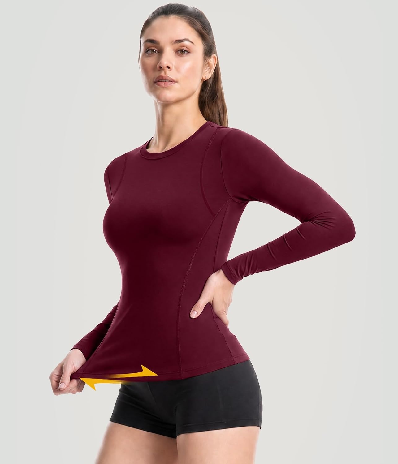 image:imageWomen Long Sleeve Compression Sun Shirts Workout Athletic Underscrubs Top Upf 50 breathable uv protection spf rash guard moisture wicking dry fit cooling undershirt for gym running swimBlackwhiteheather Light Greywine Red