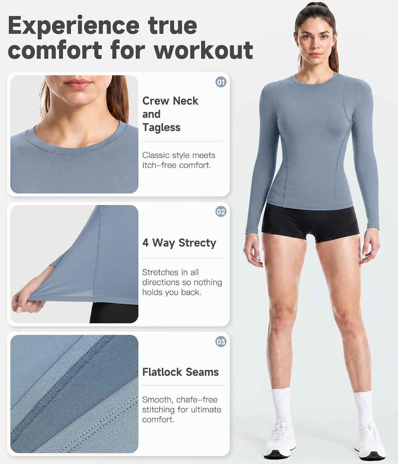 image:imageWomen Long Sleeve Compression Sun Shirts Workout Athletic Underscrubs Top Upf 50 breathable uv protection spf rash guard moisture wicking dry fit cooling undershirt for gym running swimBlackwhitehaze Blueheather Light Gray