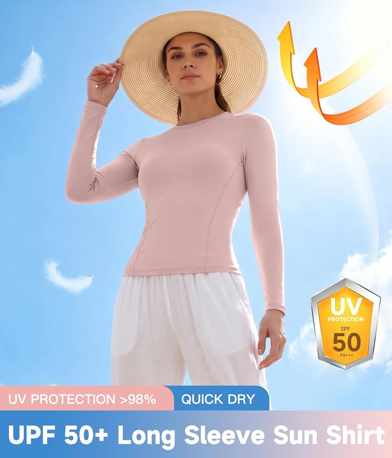 image:imageWomen Long Sleeve Compression Sun Shirts Workout Athletic Underscrubs Top Upf 50 breathable uv protection spf rash guard moisture wicking dry fit cooling undershirt for gym running swimBlackheather Light Grayhaze Bluegray Pink