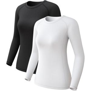 Lot de 2 chemises de sport thermiques à manches longues pour femme – Haut de compression pour temps froid, noir/blanc, 3XL