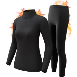 CL convallaira Ensemble de sous-vêtements thermiques pour femme, sous-vêtement long doux et chaud pour temps froid, Col roulé – Noir, Large