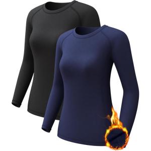 Lot de 4 t-shirts de compression à manches longues pour femme – Haut d&rsquo;entraînement athlétique – Protection solaire – Pour yoga et gym, T-noir/bleu marine, Taille XL