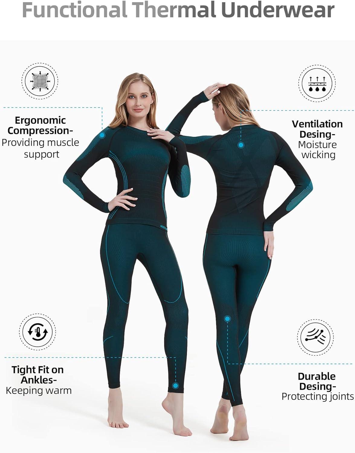 image:imageNOOYME sous Vetement Thermique Femme Fonctionnel Ensemble Ski Femme Antibactriens sous Vetement Chaud Femme Flexible Respirant Ensemble de Ski Femme Tenant Chaud pour Automne HiverNoirbleu