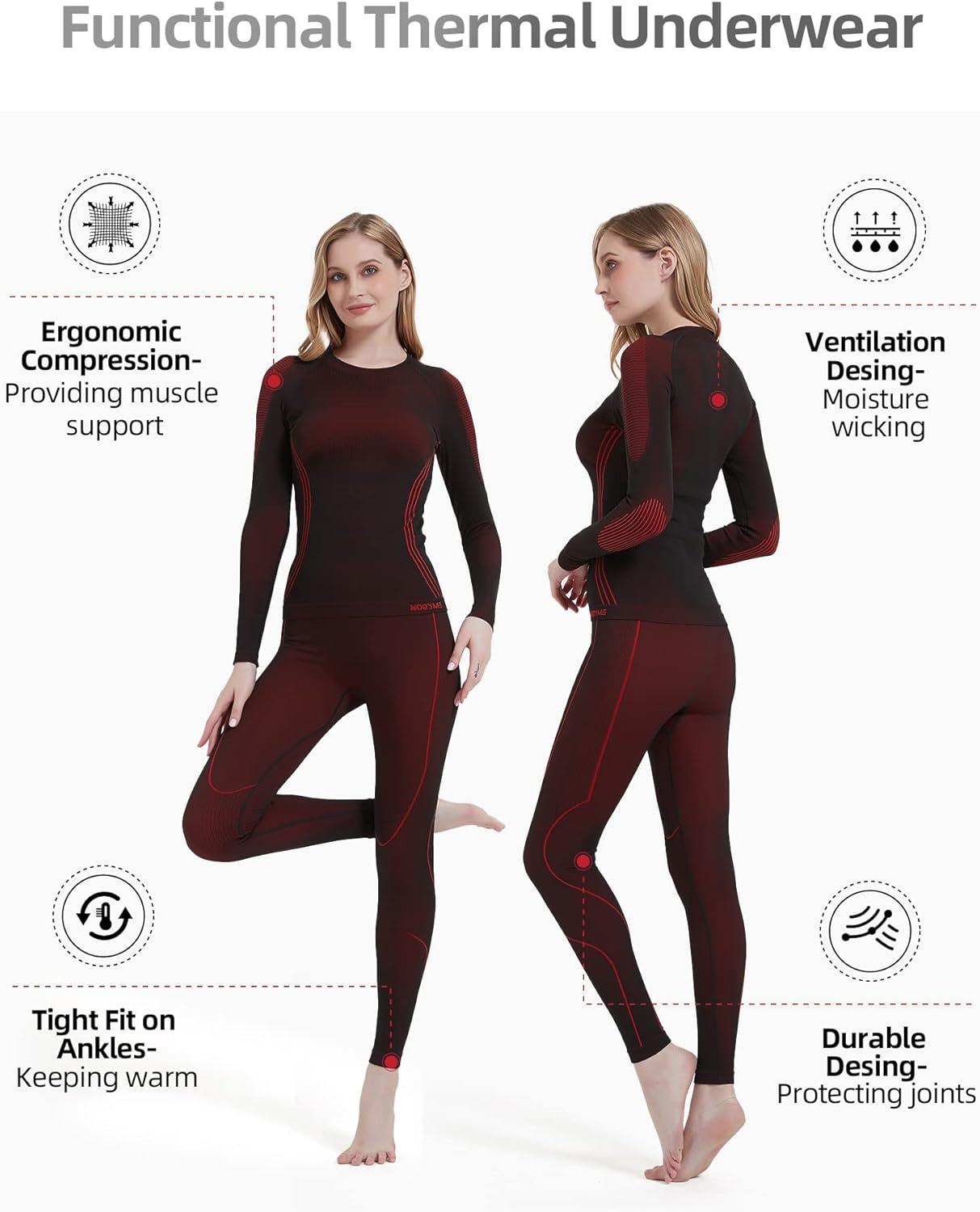 image:imageNOOYME sous Vetement Thermique Femme Fonctionnel Ensemble Ski Femme Antibactriens sous Vetement Chaud Femme Flexible Respirant Ensemble de Ski Femme Tenant Chaud pour Automne HiverNoirrouge