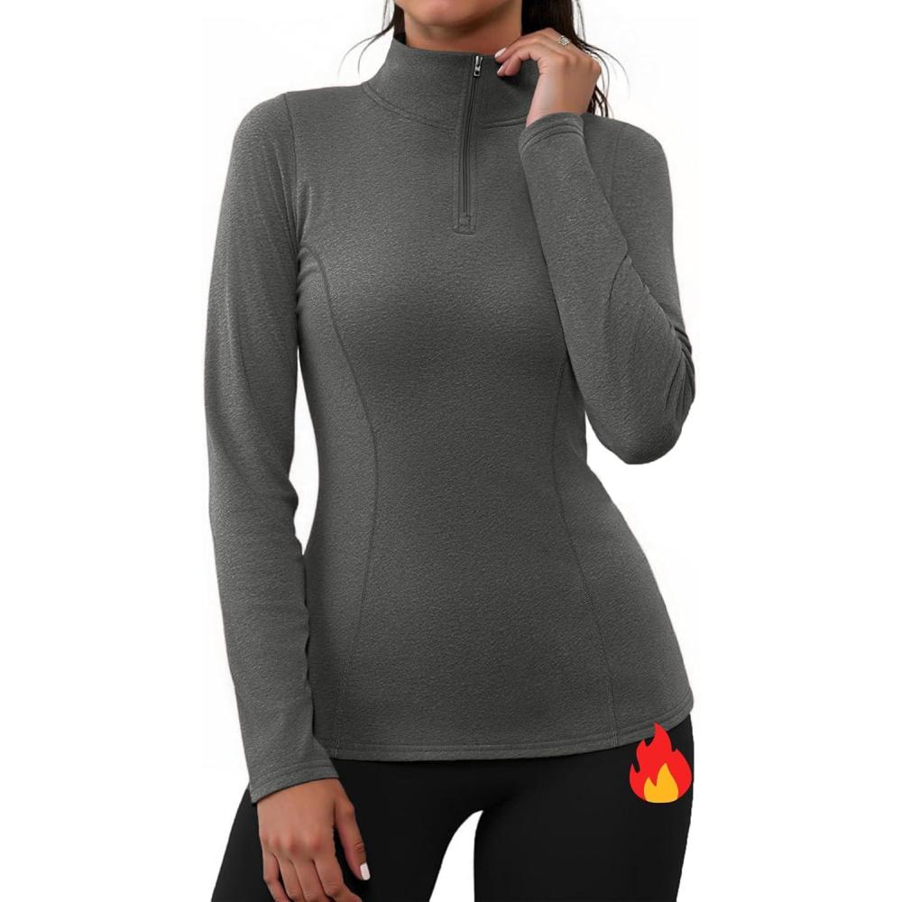 image:imageGyabnw Haut Thermique Femme Manche Longue TShirt Chaud Col Roul Tee Shirt sous Vtements Thermiques Maillot de Corps Base Haut Sport Ski pour Automne HiverGris
