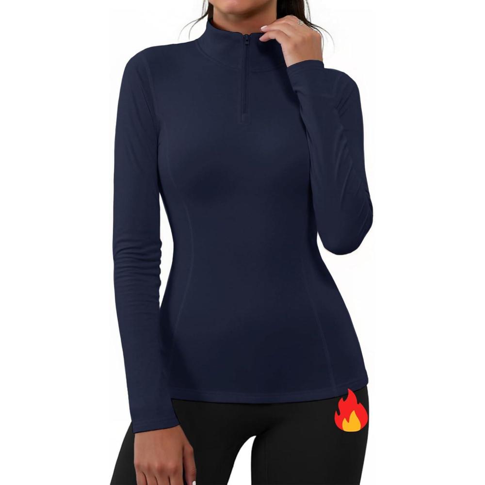 image:imageGyabnw Haut Thermique Femme Manche Longue TShirt Chaud Col Roul Tee Shirt sous Vtements Thermiques Maillot de Corps Base Haut Sport Ski pour Automne HiverBleu Marine