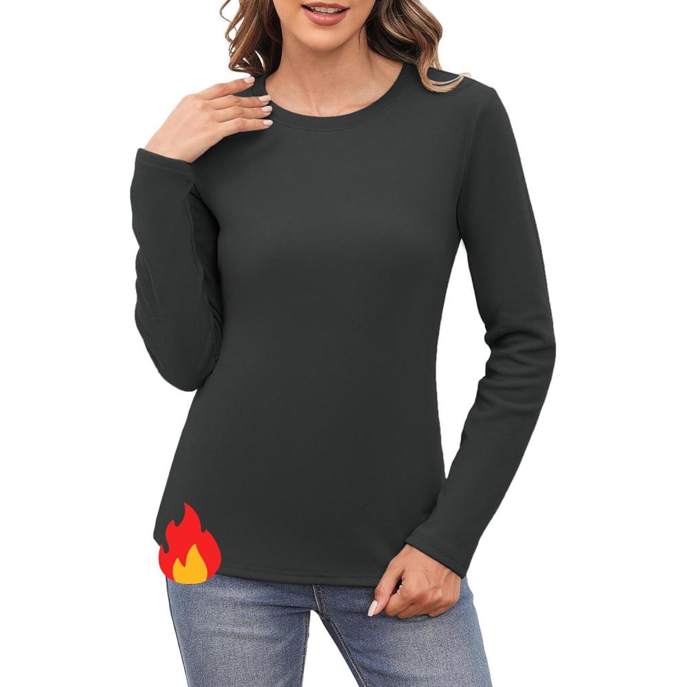 image:imageHaut Thermique Femme col Rond Polaire Chauds sous Vetement Thermique Coton Maillot de Corps  Manches Longues sousVtements Thermiques Pull TShirt Hiver AutomneGris