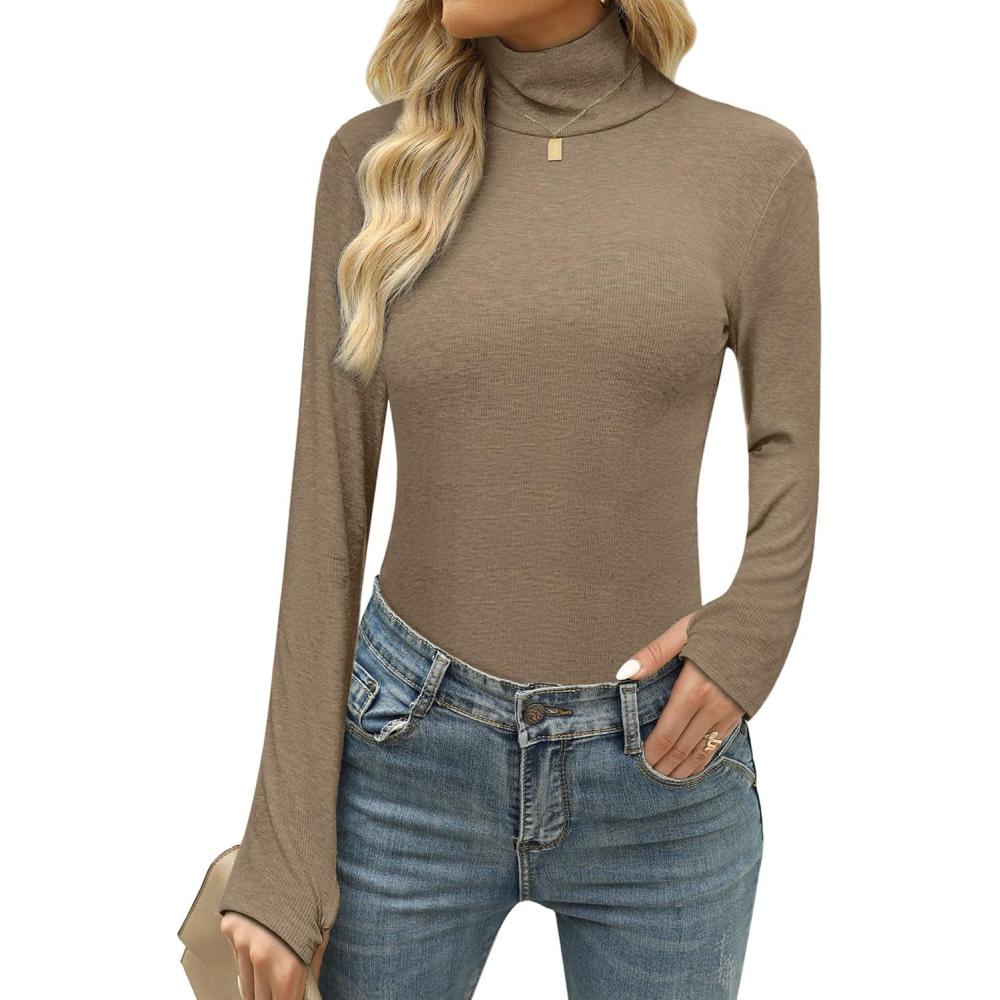 image:imageHauts Thermiques Femme en Coton Manche Longue TShirt Chaud Col Roul sous Vtements Thermiques Dcontract Sweatshirt de Sport Chic lgantKaki