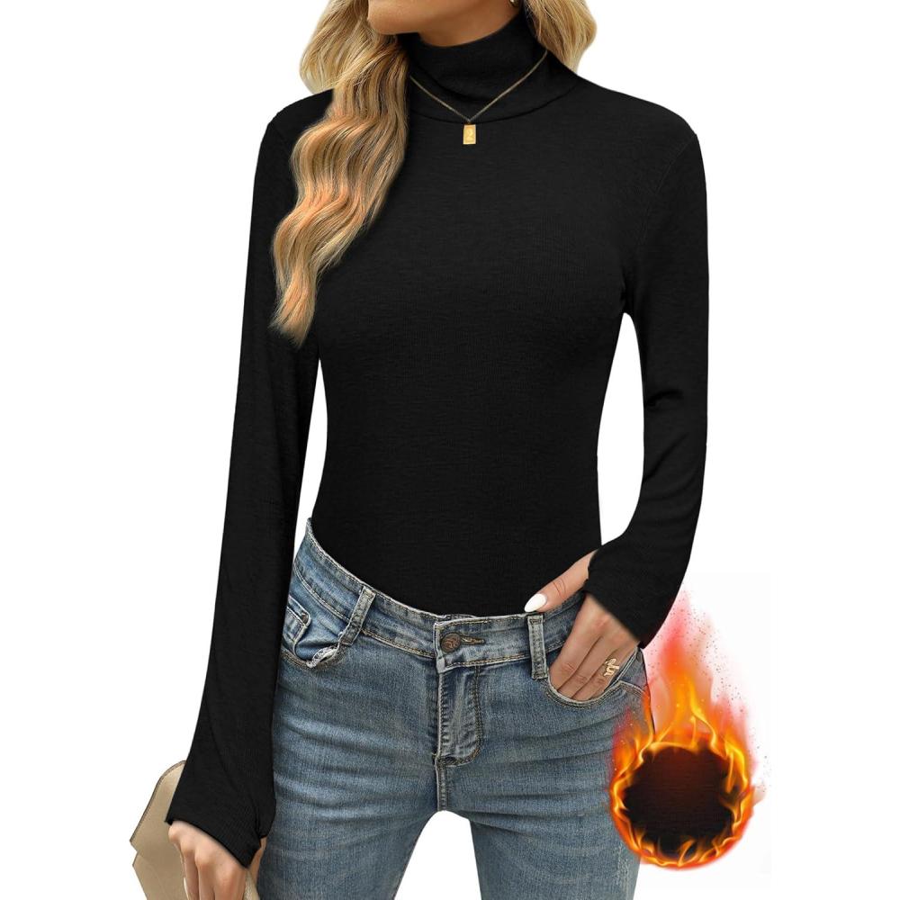 image:imageHauts Thermiques Femme en Coton Manche Longue TShirt Chaud Col Roul sous Vtements Thermiques Dcontract Sweatshirt de Sport Chic lgantNoir