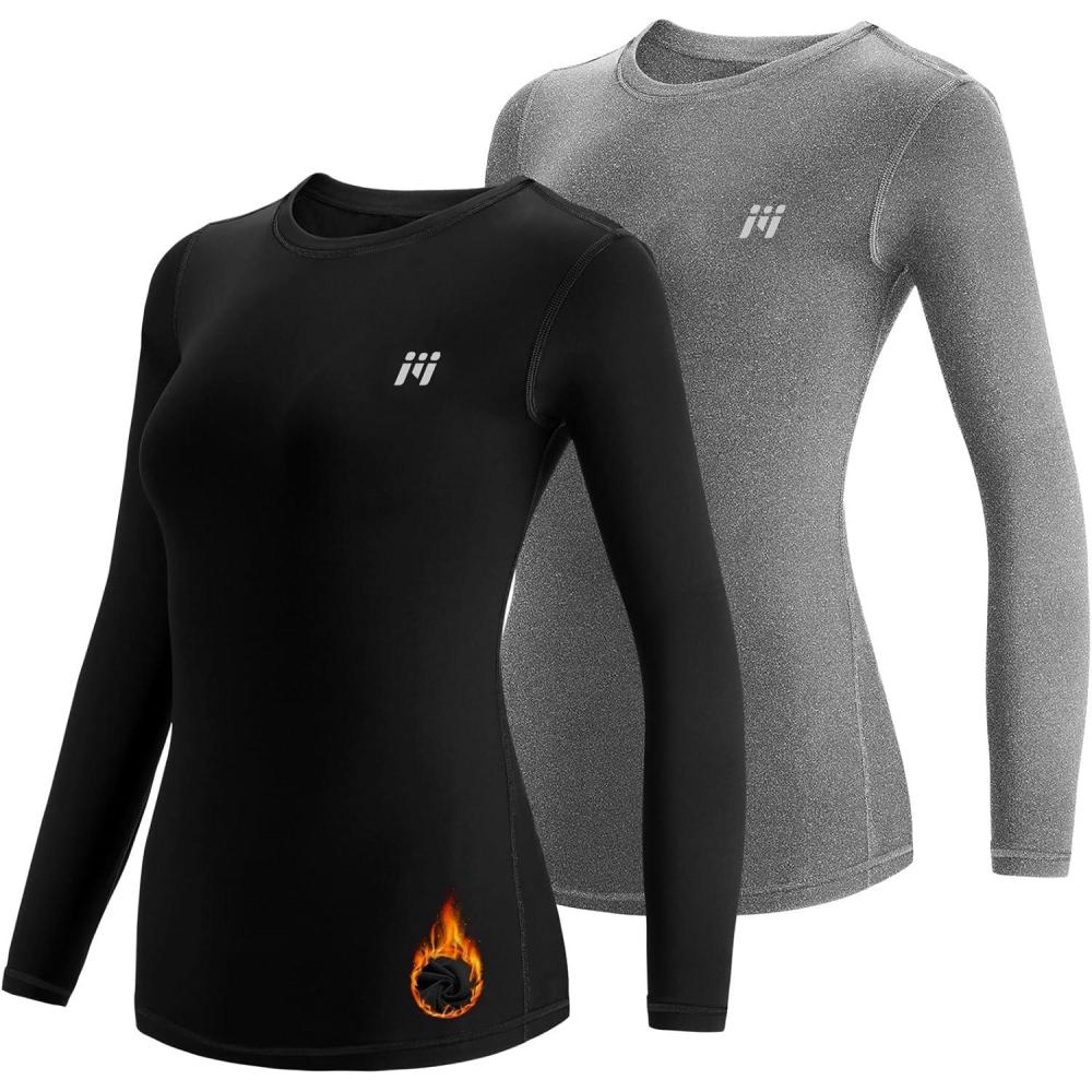 image:imageMEETWEE Tee Shirt Thermique Femme Manche Longue Maillot de Compression Base Layer sousVtements Thermique pour Sports Ski RunningNoirgris