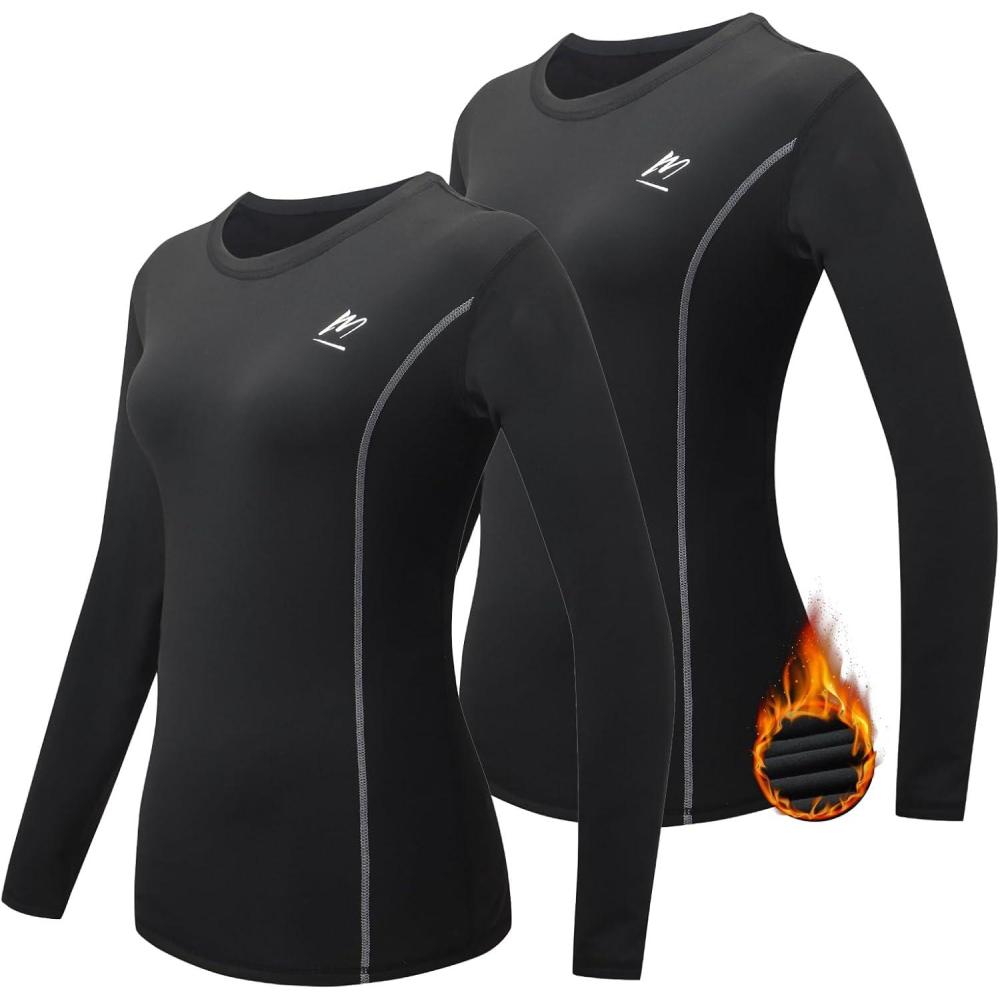 image:imageMEETWEE Tee Shirt Thermique Femme Manche Longue Maillot de Compression Base Layer sousVtements Thermique pour Sports Ski RunningNoirnoir