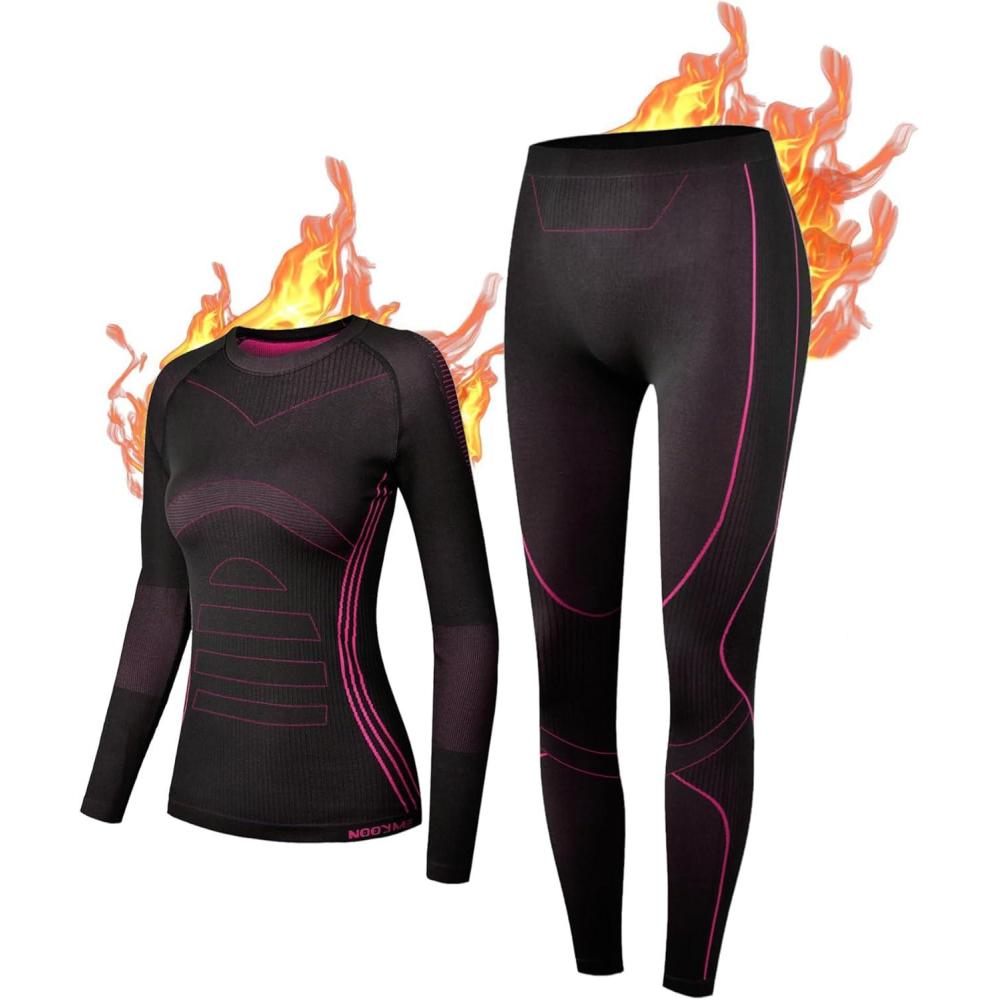 image:imageNOOYME sous Vetement Thermique Femme Fonctionnel Ensemble Ski Femme Antibactriens sous Vetement Chaud Femme Flexible Respirant Ensemble de Ski Femme Tenant Chaud pour Automne HiverRose Rouge
