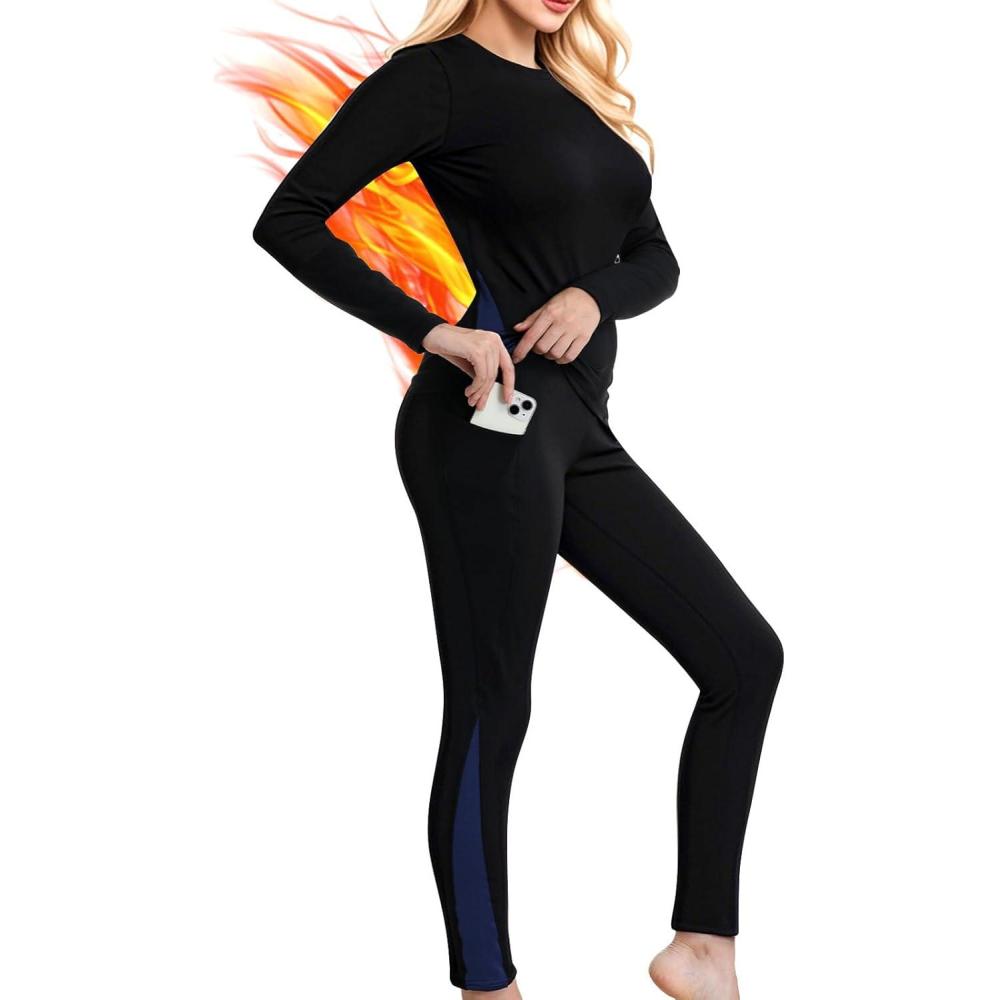 image:imageSousvtements thermiques de ski pour femme  Sousvtements fonctionnels chauds avec 2 poches  Schage rapide  Sousvtements thermiques  240 gm  Intrieur en polaire  Sousvtements dhiver