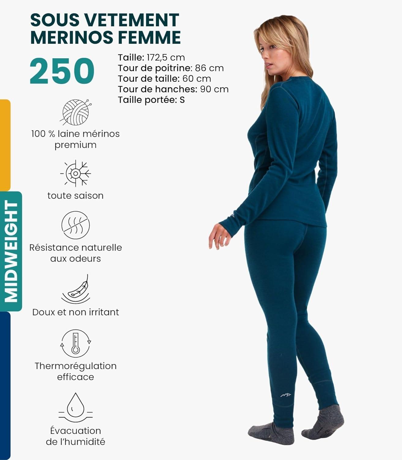 image:imageMerinoTech Vetement Femme Ensemble Laine Merinos 100 Merino Wool Haut et Bas avec Chaussettes Lourd Moyen Lger250 Deep Teal