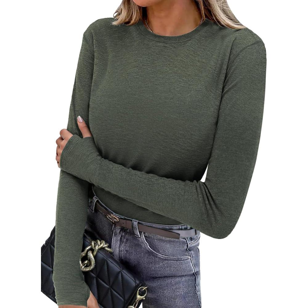 image:imageHaut Thermique Femme Col Rond  Manches Longues TShirt Chaud Lger sousVtement Thermique pour Automne et Hiver S3XLA Vert