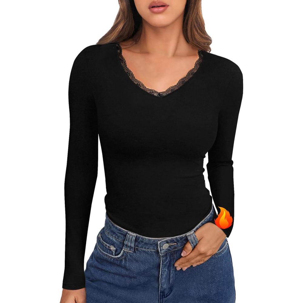 image:imageHaut Thermique Femme Col V sous Vetement Thermique  Manches Longues Tee Shirt Thermique en Dentelle Lger Basic TShirt Top Slim Fit pour Hiver AutomneNoir Chaud