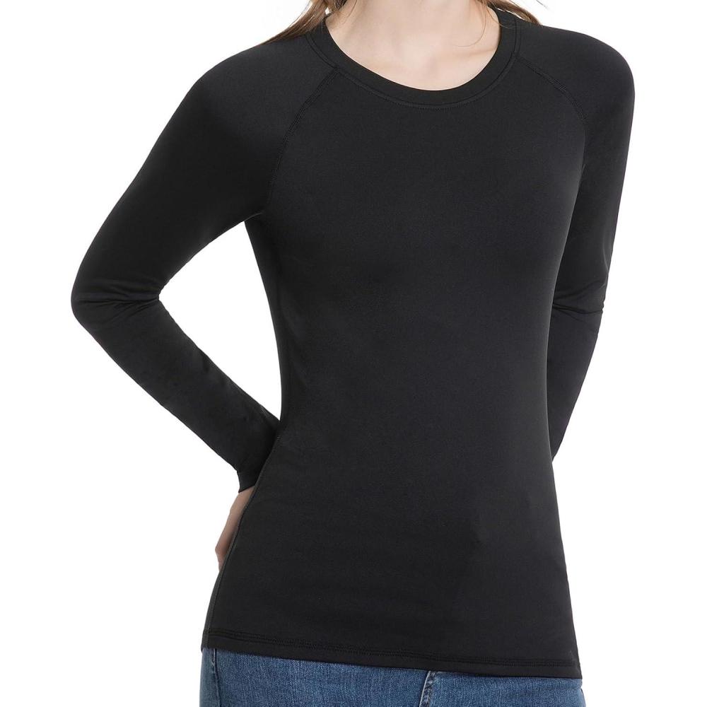 image:imageHauts Thermiques Femme Col Rond  Manches Longues sousVTements Chauds Femme Chauds TShirt Basique Calecon Thermique Femmo pour Automne Et Hiver Noir