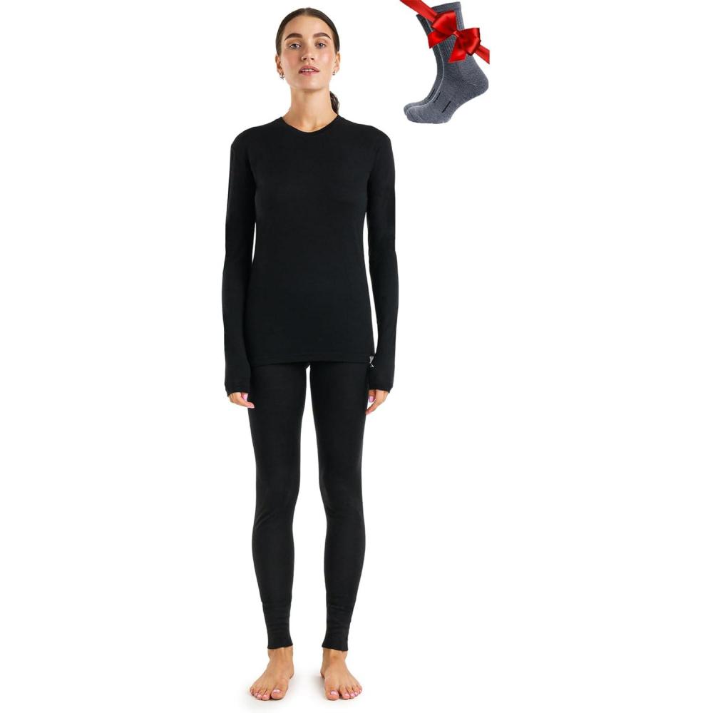 image:imageMerinoTech Vetement Femme Ensemble Laine Merinos  100 Merino Wool Haut et Bas avec Chaussettes Lourd Moyen Lger165 Black