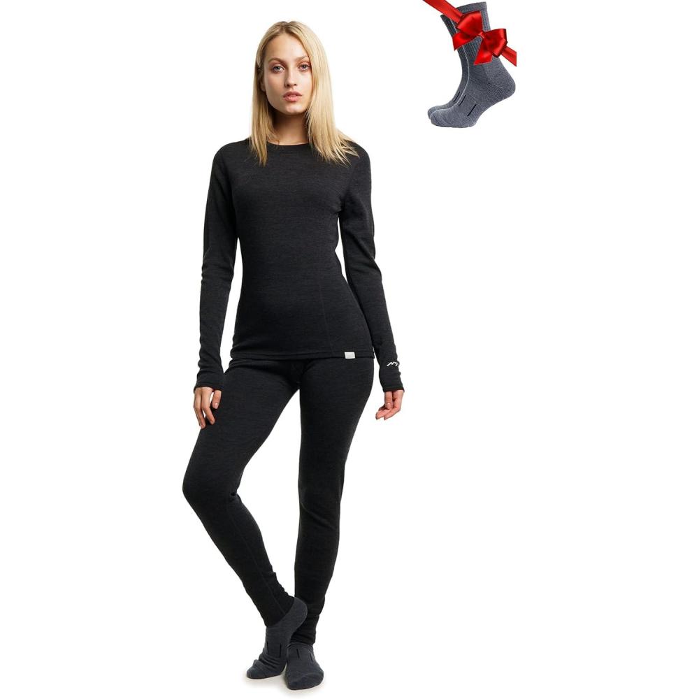 image:imageMerinoTech Vetement Femme Ensemble Laine Merinos  100 Merino Wool Haut et Bas avec Chaussettes Lourd Moyen Lger165 Charcoal