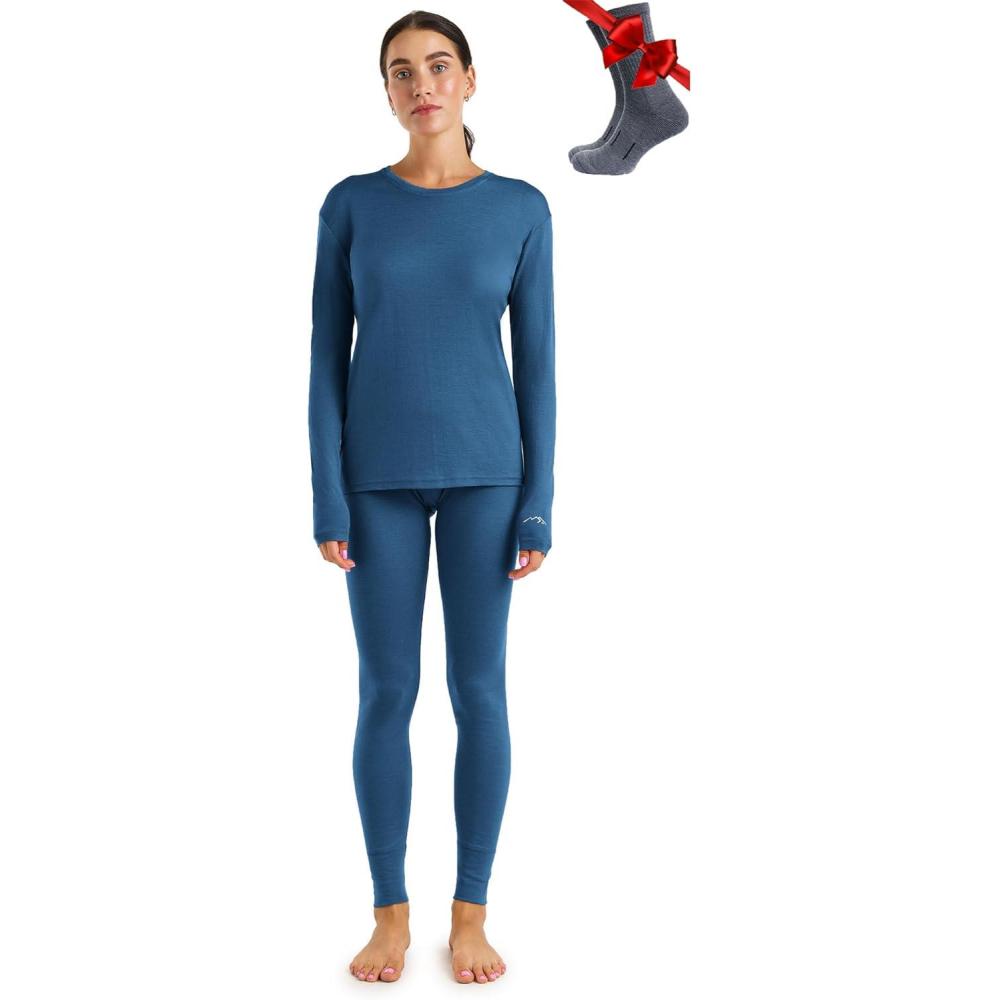 image:imageMerinoTech Vetement Femme Ensemble Laine Merinos  100 Merino Wool Haut et Bas avec Chaussettes Lourd Moyen Lger165 Denim Blue