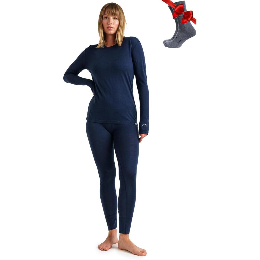 image:imageMerinoTech Vetement Femme Ensemble Laine Merinos  100 Merino Wool Haut et Bas avec Chaussettes Lourd Moyen Lger165 Navy