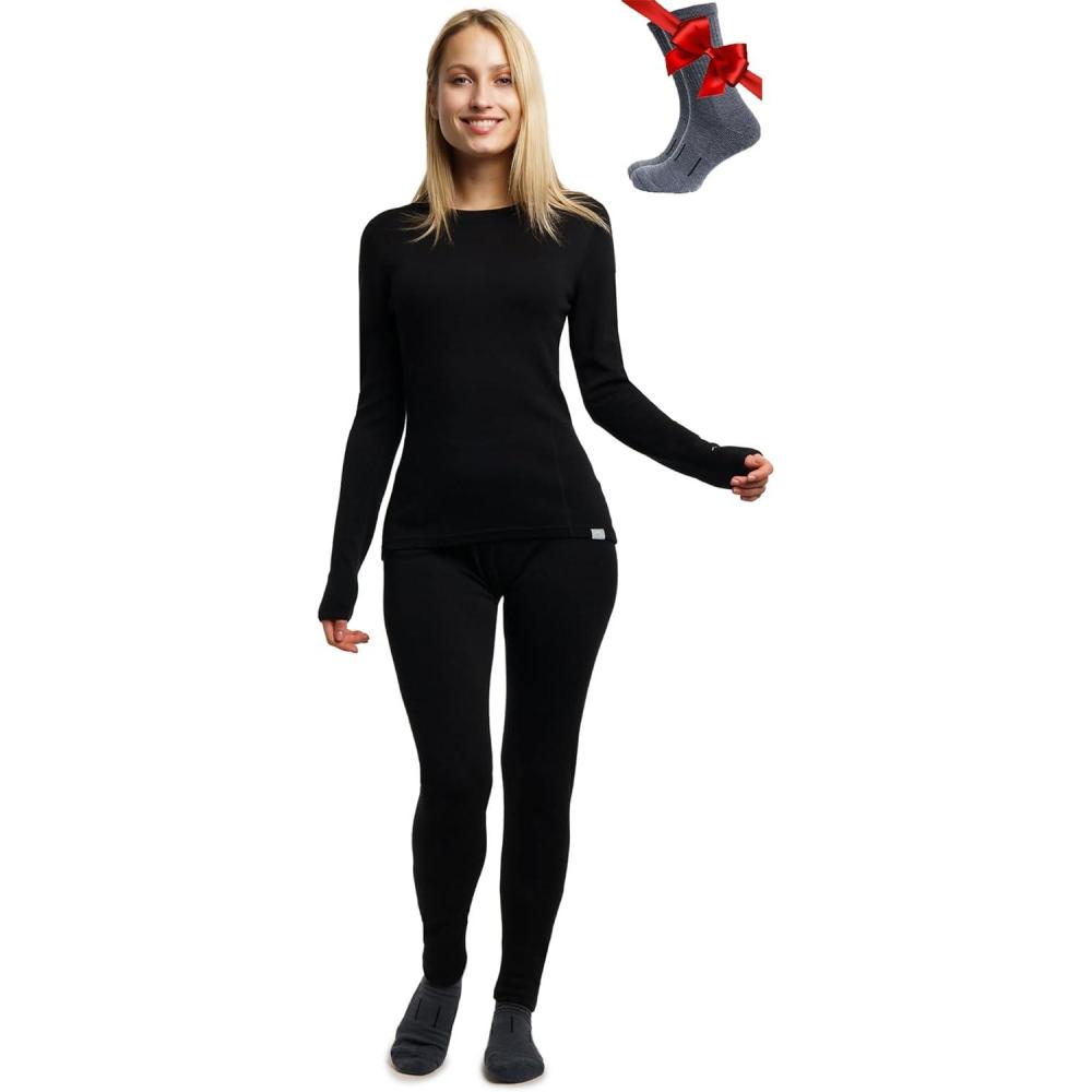 image:imageMerinoTech Vetement Femme Ensemble Laine Merinos  100 Merino Wool Haut et Bas avec Chaussettes Lourd Moyen Lger250 Black