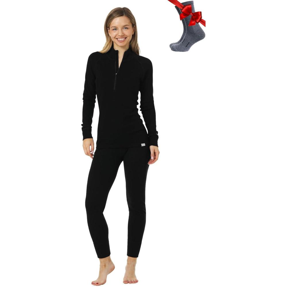 image:imageMerinoTech Vetement Femme Ensemble Laine Merinos 100 Merino Wool Haut et Bas avec Chaussettes Lourd Moyen Lger250 Black Zipup