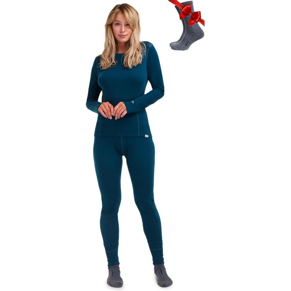 image:imageMerinoTech Vetement Femme Ensemble Laine Merinos 100 Merino Wool Haut et Bas avec Chaussettes Lourd Moyen Lger250 Deep Teal