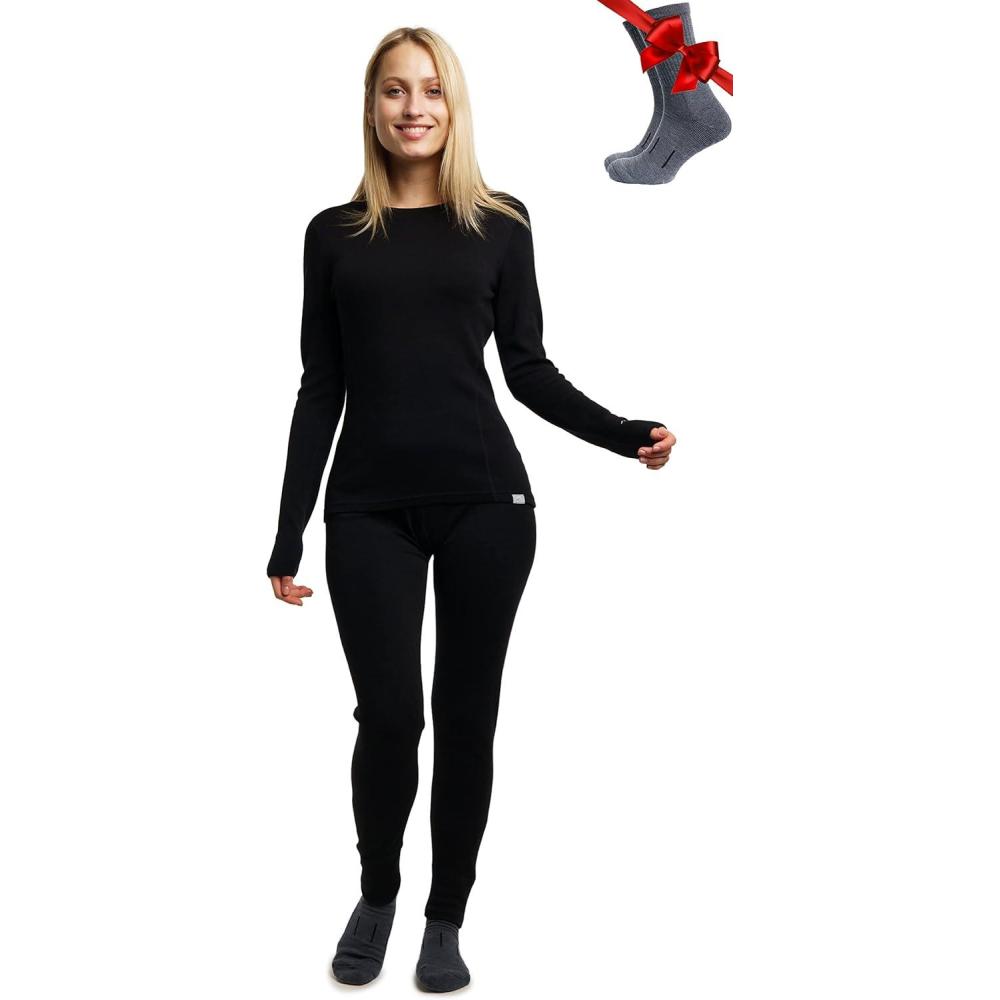 image:imageMerinoTech Vetement Femme Ensemble Laine Merinos 100 Merino Wool Haut et Bas avec Chaussettes Lourd Moyen Lger320 Black
