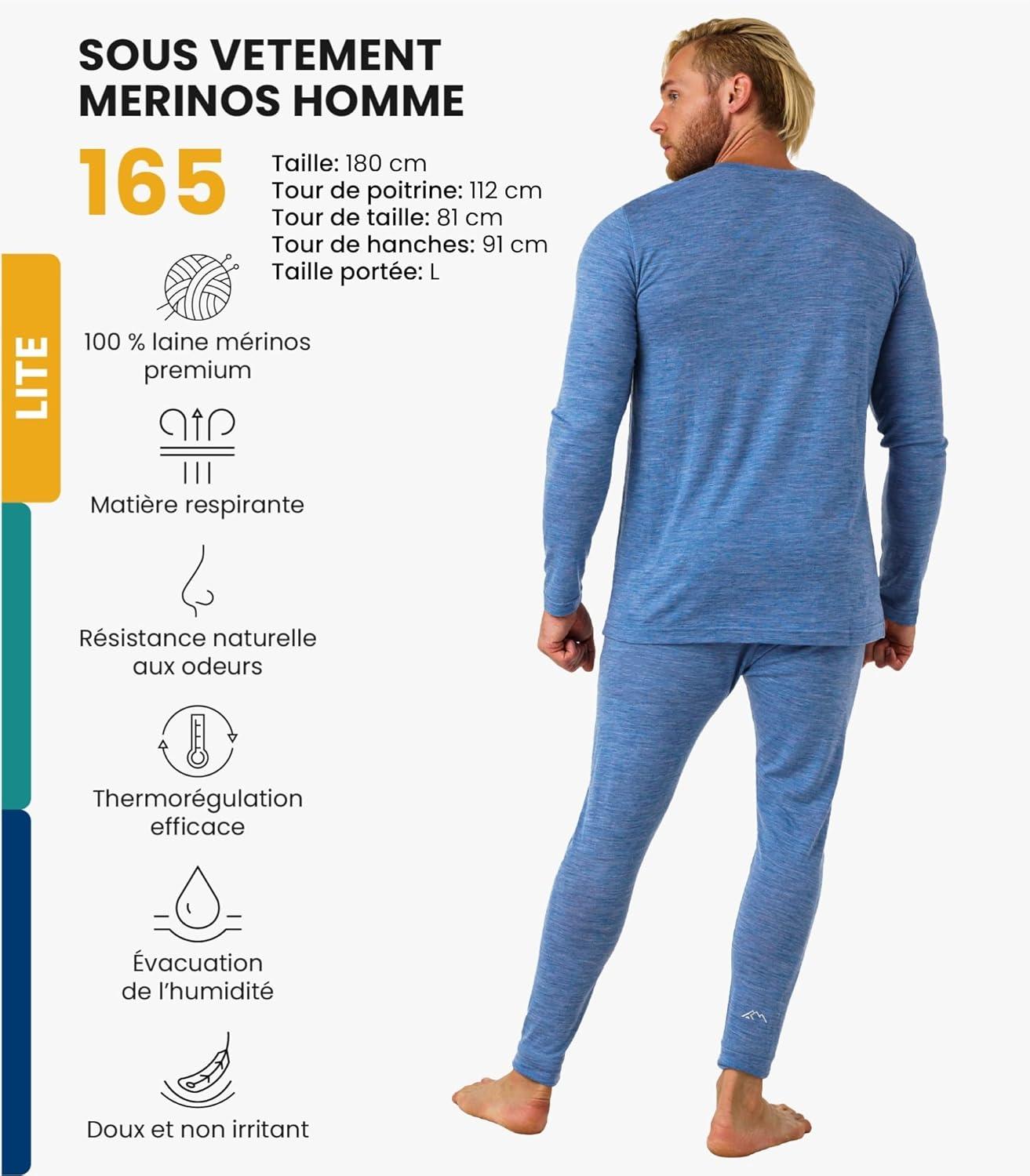 image:imageMerinotech sousVtement Merinos Homme Ensemble 100 Laine Merinos Haut et Bas avec Chaussettes Lourd Moyen Lger165 Deep Blue
