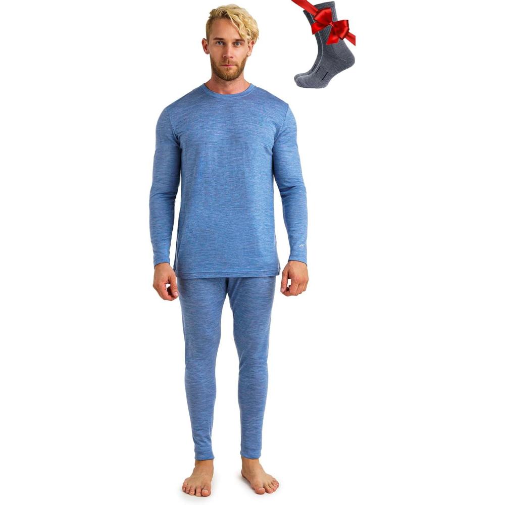 image:imageMerinotech sousVtement Merinos Homme Ensemble 100 Laine Merinos Haut et Bas avec Chaussettes Lourd Moyen Lger165 Deep Blue