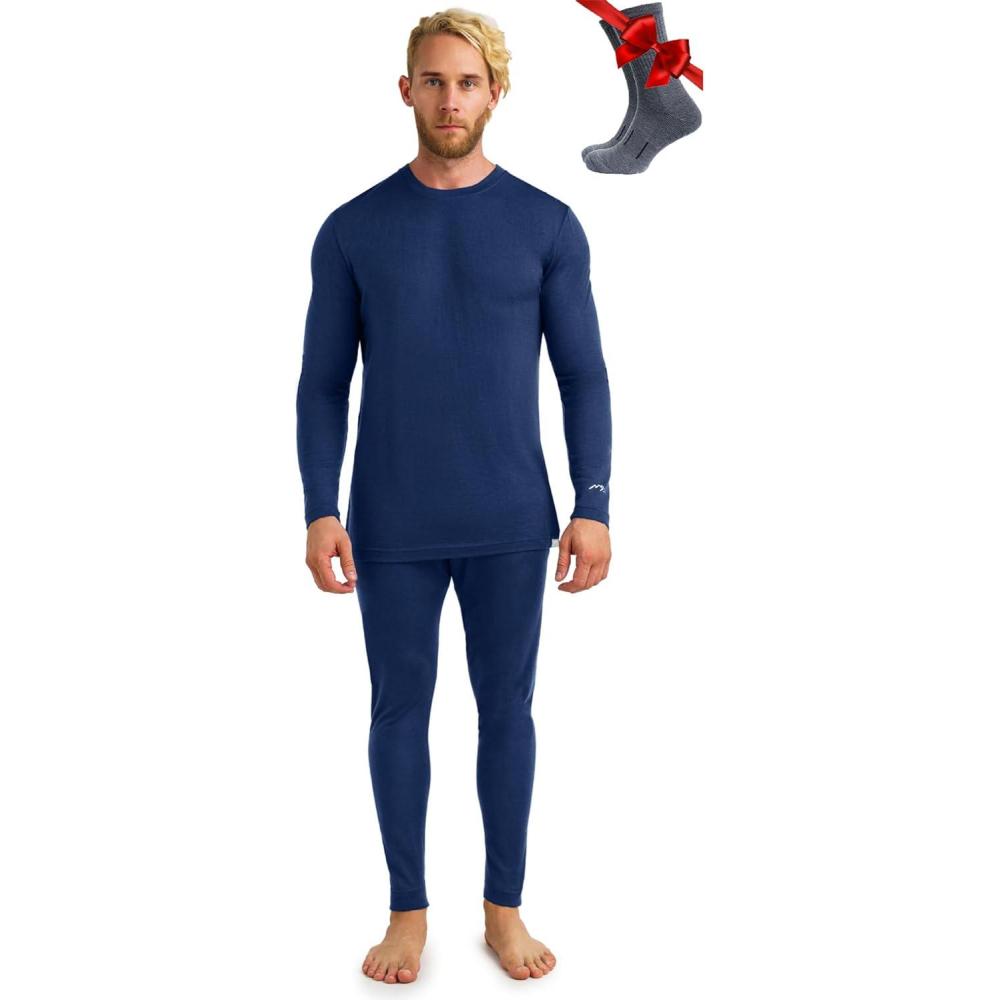 image:imageMerinotech sousVtement Merinos Homme  Ensemble 100 Laine Merinos Haut et Bas avec Chaussettes Lourd Moyen Lger165 Navy