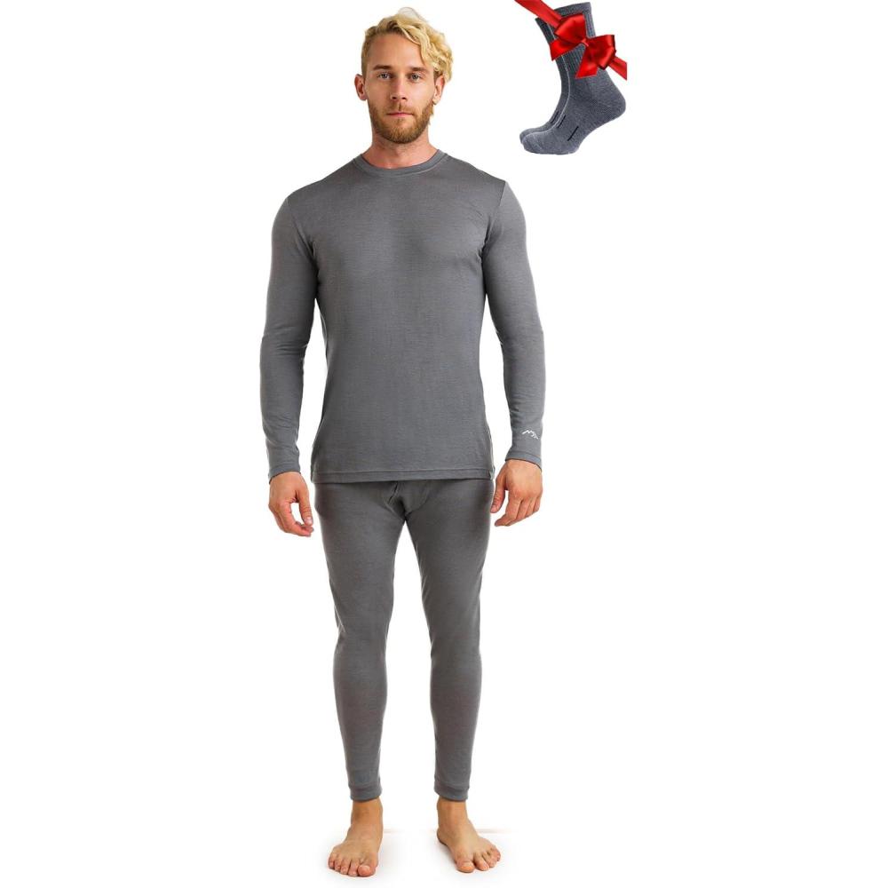 image:imageMerinotech sousVtement Merinos Homme  Ensemble 100 Laine Merinos Haut et Bas avec Chaussettes Lourd Moyen Lger165 Perfect Grey