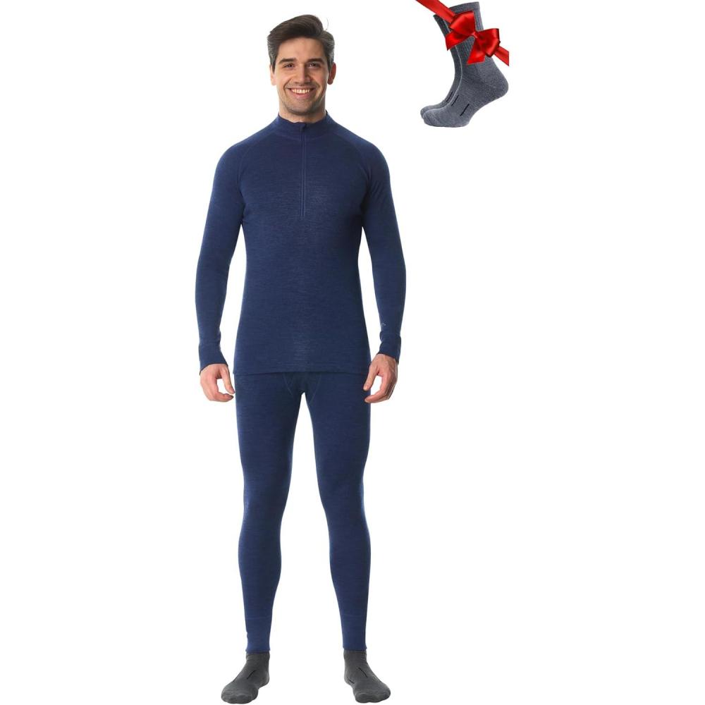 image:imageMerinotech sousVtement Merinos Homme  Ensemble 100 Laine Merinos Haut et Bas avec Chaussettes Lourd Moyen Lger250 Windsor Blue Zipup