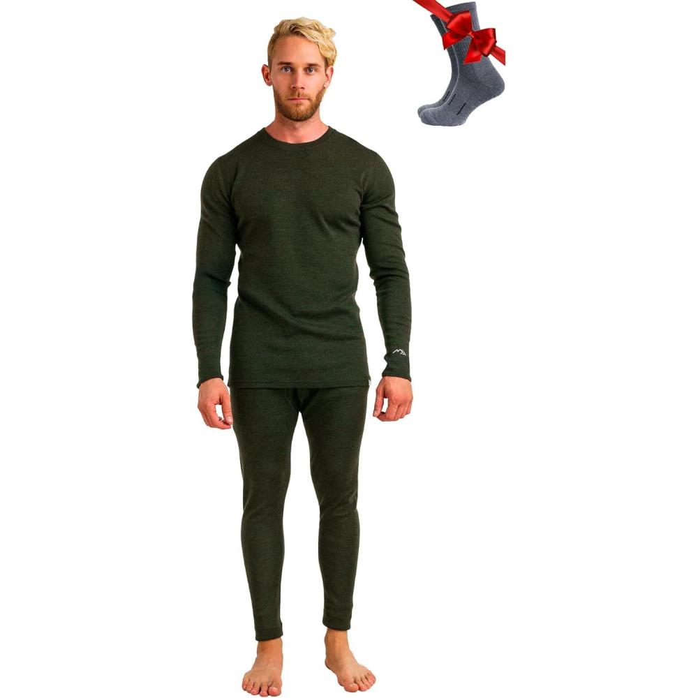 image:imageMerinotech sousVtement Merinos Homme  Ensemble 100 Laine Merinos Haut et Bas avec Chaussettes Lourd Moyen Lger320 Army Green