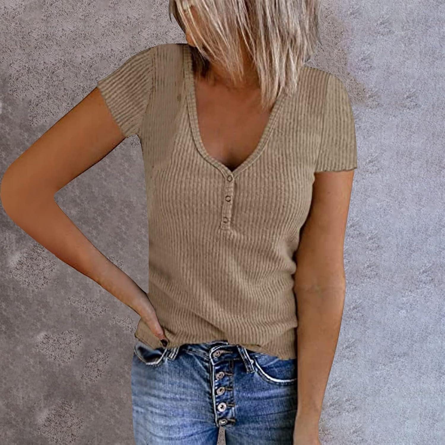 image:imageGnrique Femmes Sexy Couleur Unie t Shirt col V Pullover Slim Chemise Manches Courtes Casual Comfort Top