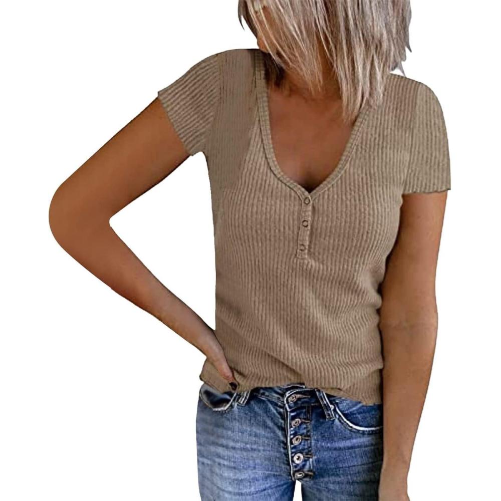 image:imageGnrique Femmes Sexy Couleur Unie t Shirt col V Pullover Slim Chemise Manches Courtes Casual Comfort Top