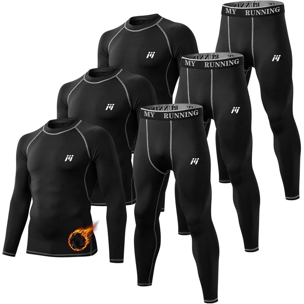 image:imageMEETYOO sousvtements Thermiques Homme Ensemble de Compression Respirant Schage Rapide pour SkiFitness et CyclismeNoir 3pc